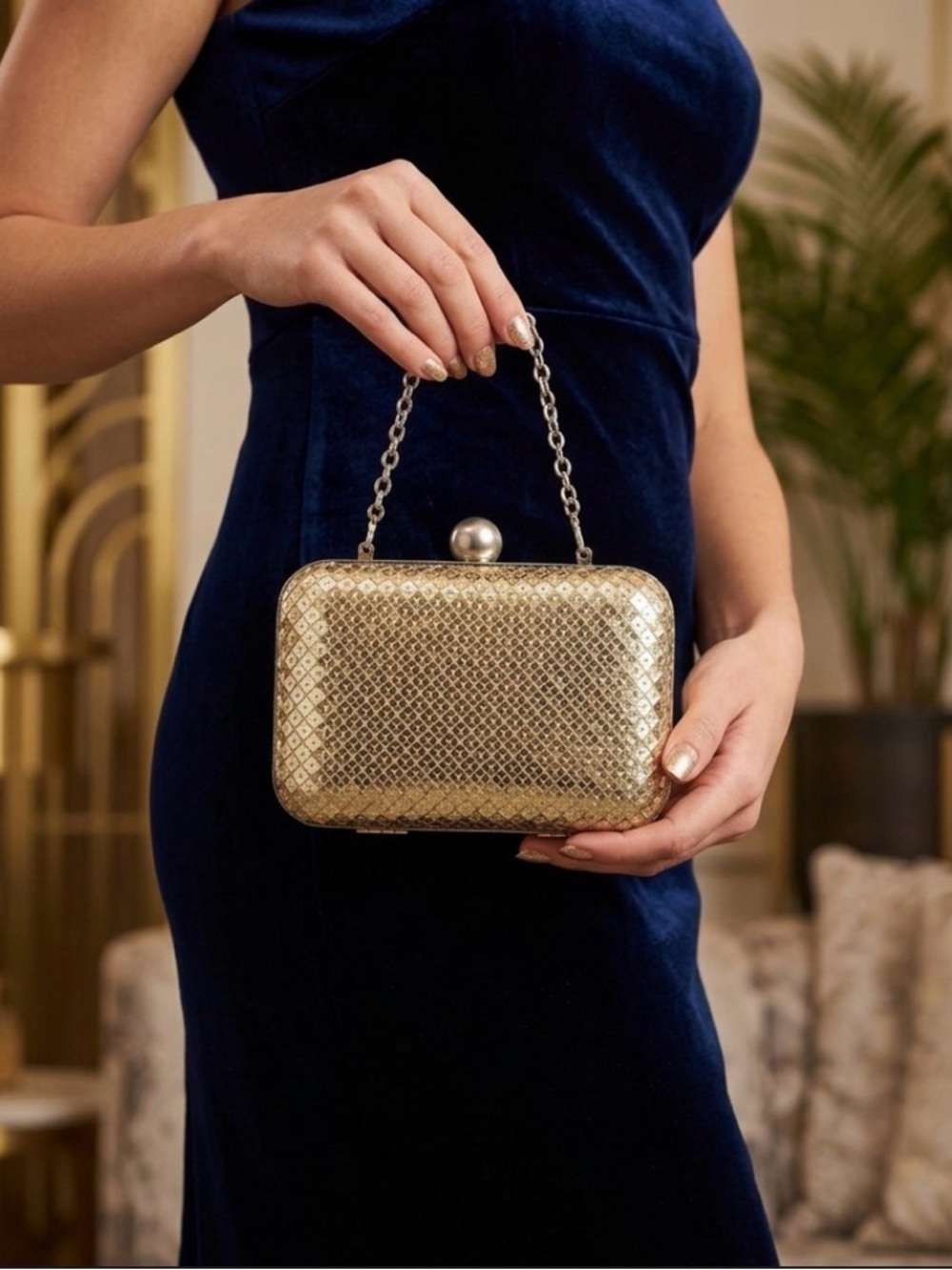 Style & Co Gold Sequin Minaudière Clutch Art Deco Wedding Guest Evening Bag